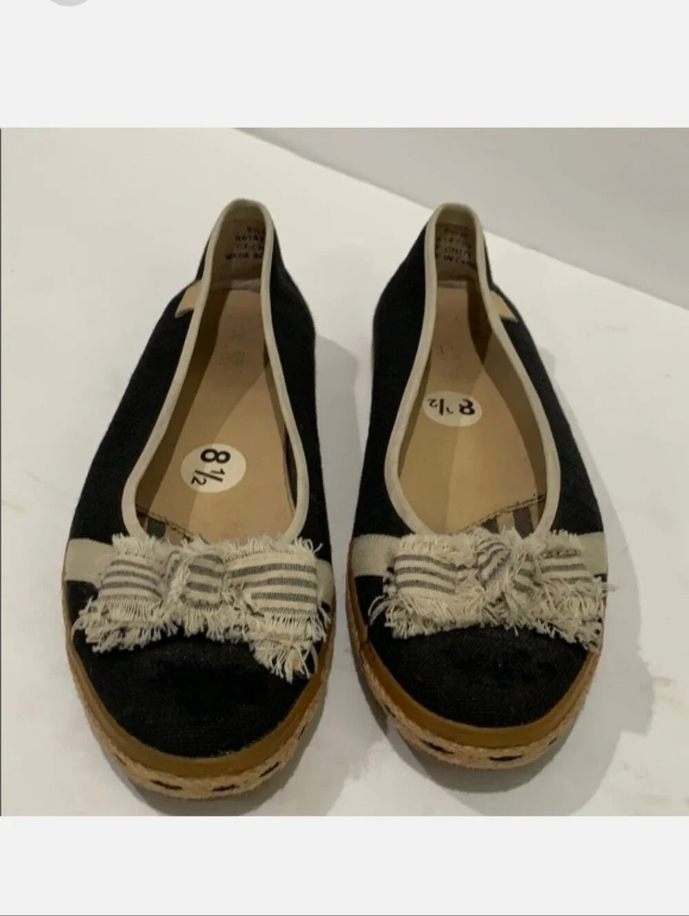 Sperry Top-Sider Katama Cream/Black Slip-on Espadrille Flats Frayed Bow Size 8.5